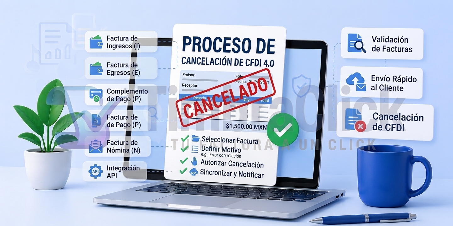 Computadora portátil mostrando una interfaz moderna de cancelación de facturas electrónicas CFDI