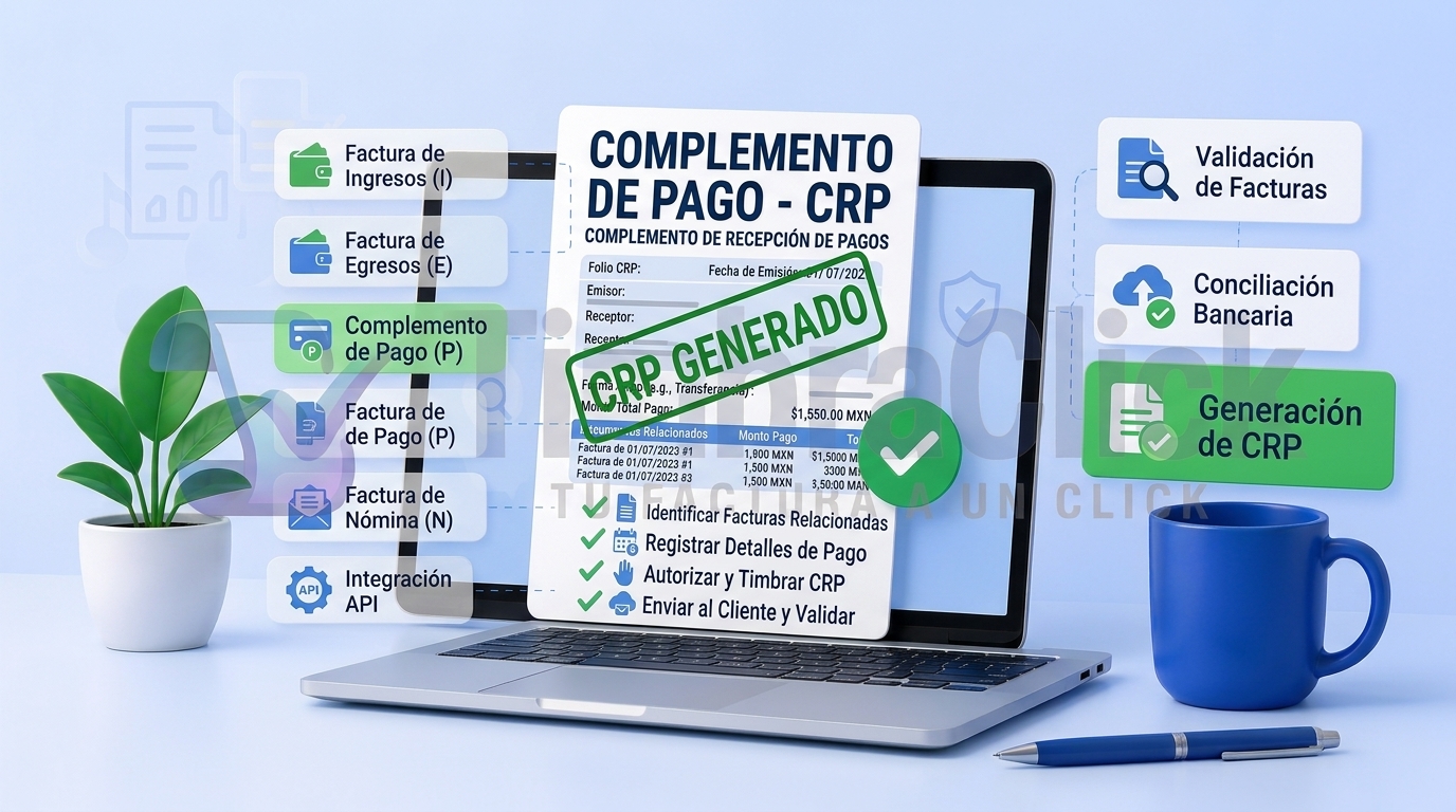 Computadora portátil mostrando una interfaz moderna de facturación electrónica con un complemento de pago