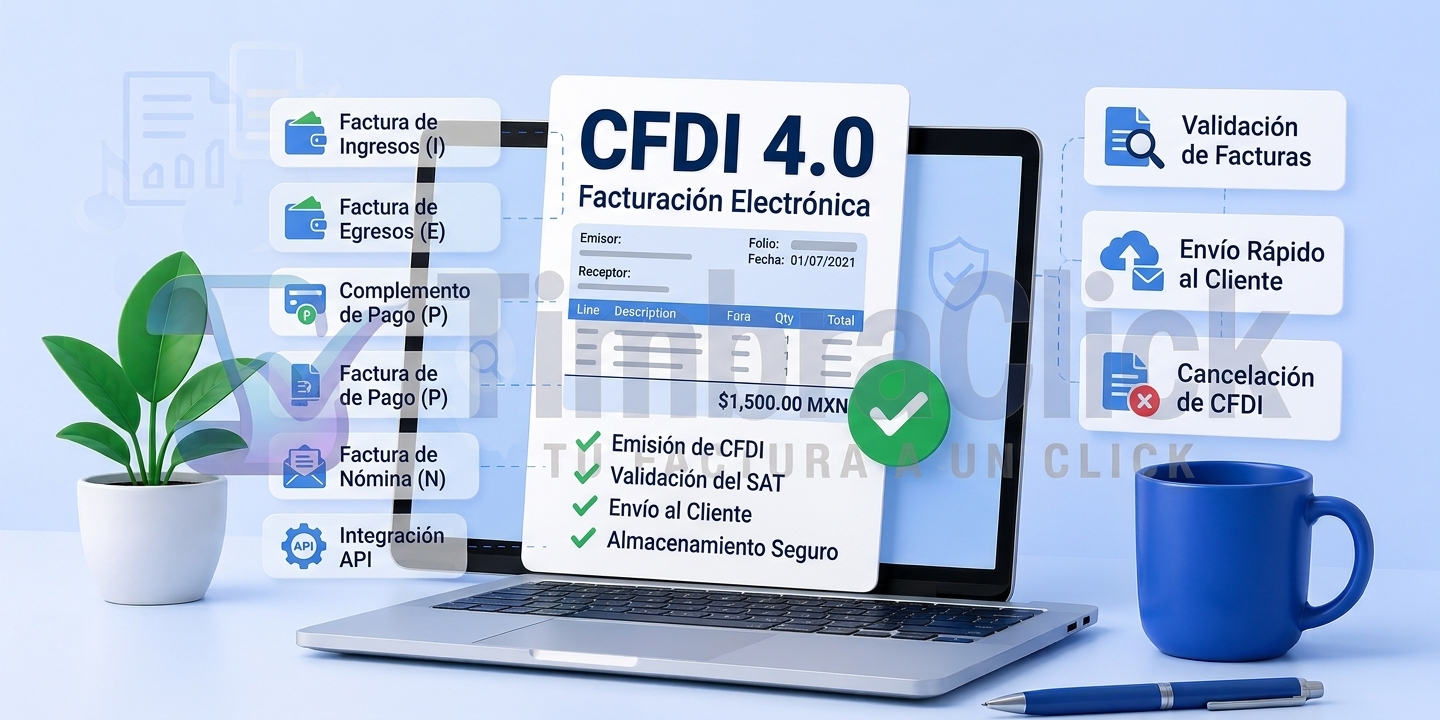 Computadora portátil mostrando una interfaz moderna de facturación electrónica CFDI 4.0